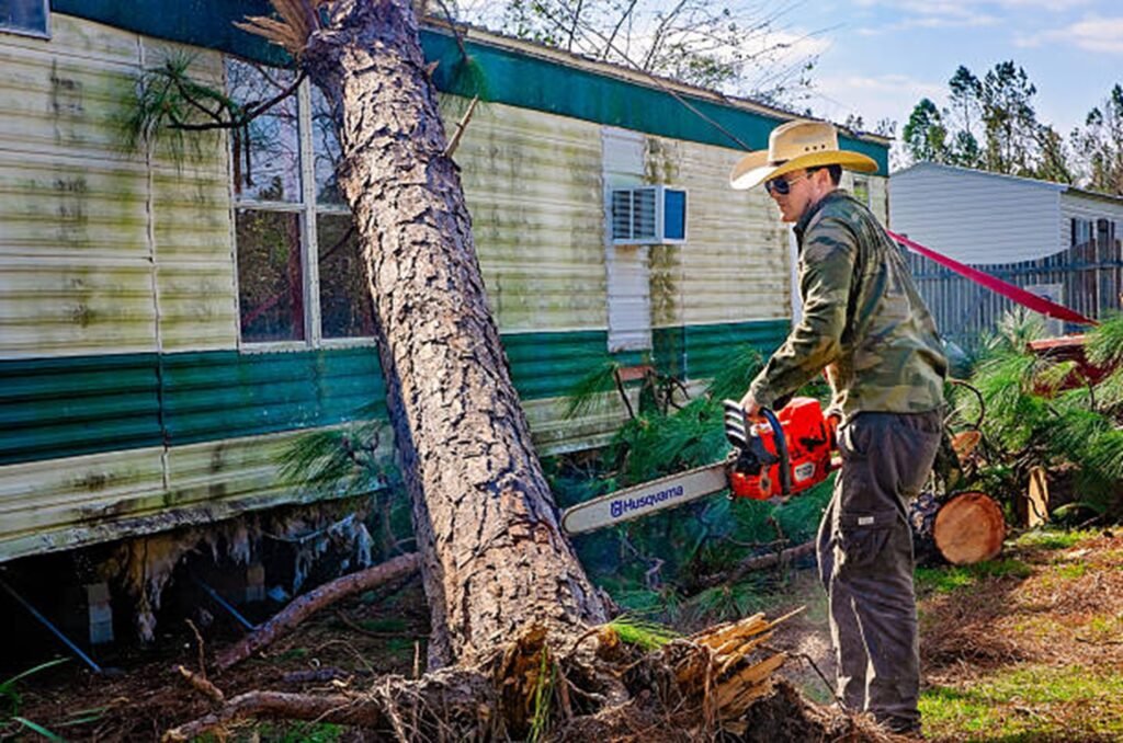 Storm-damaged tree leaning against a residential home before emergency tree removal service in Saint Charles, MO.