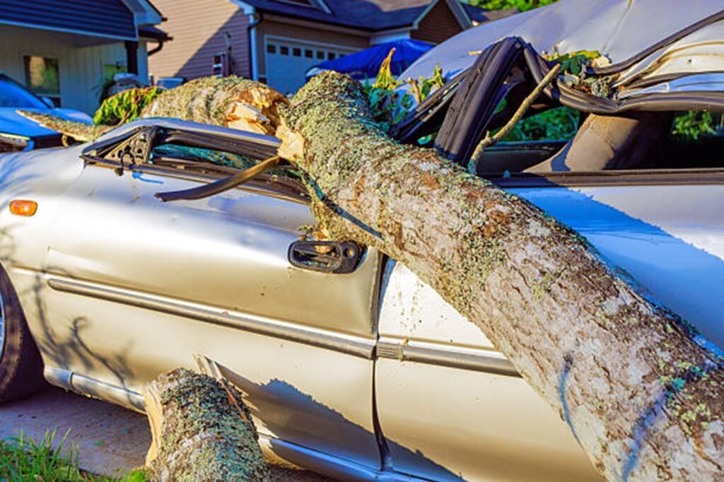 Large fallen tree crushing a parked vehicle after a severe storm, highlighting the need for professional storm damage cleanup in Saint Charles, MO.